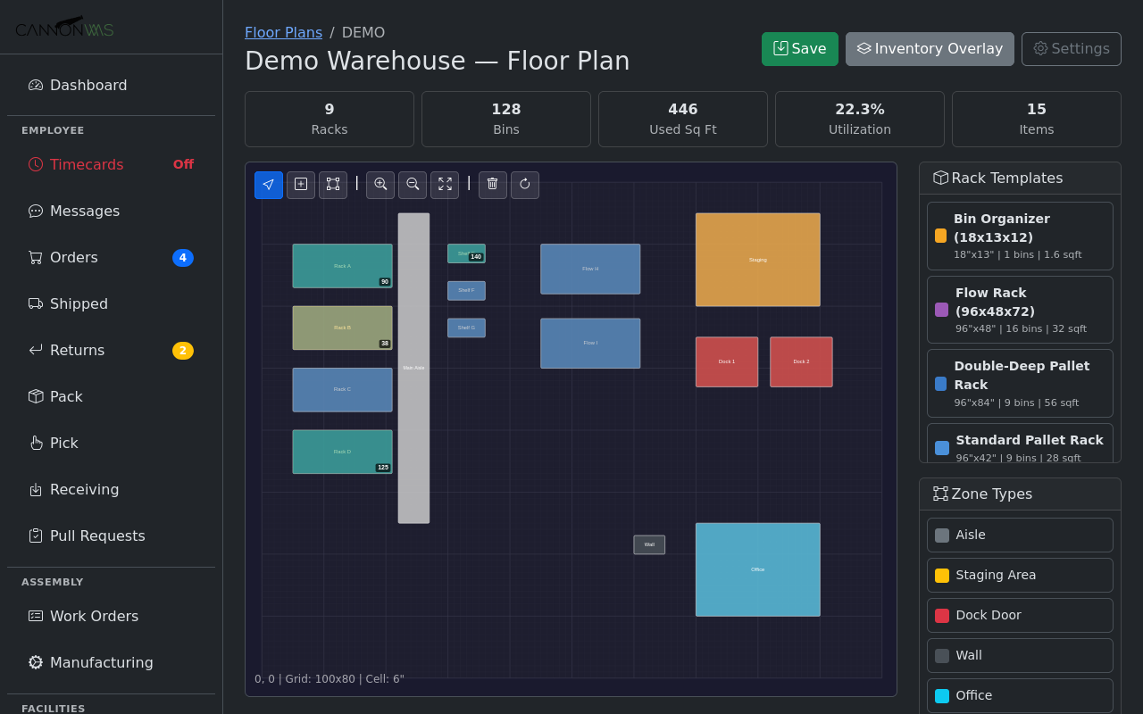 Inventory overlay showing stock levels per rack