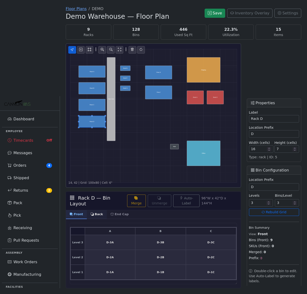Rack detail with bin layout grid