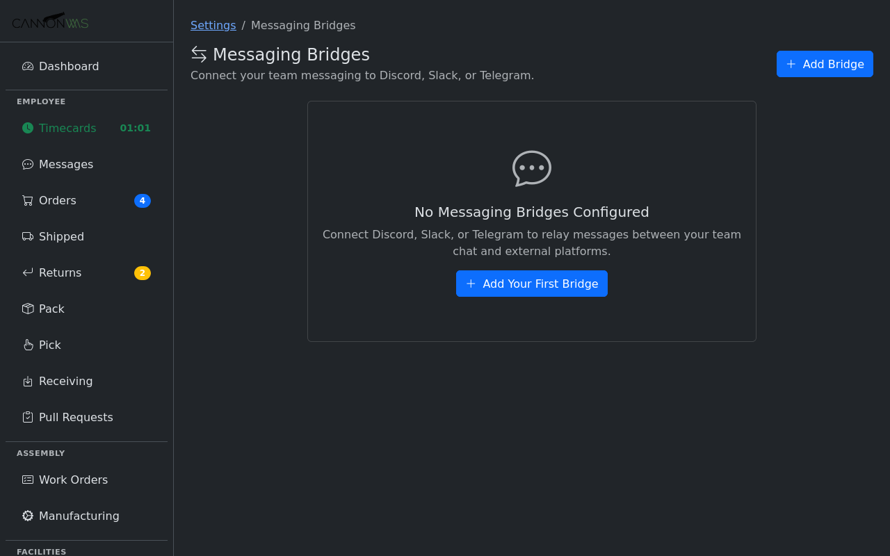 Discord and Slack bridge configuration