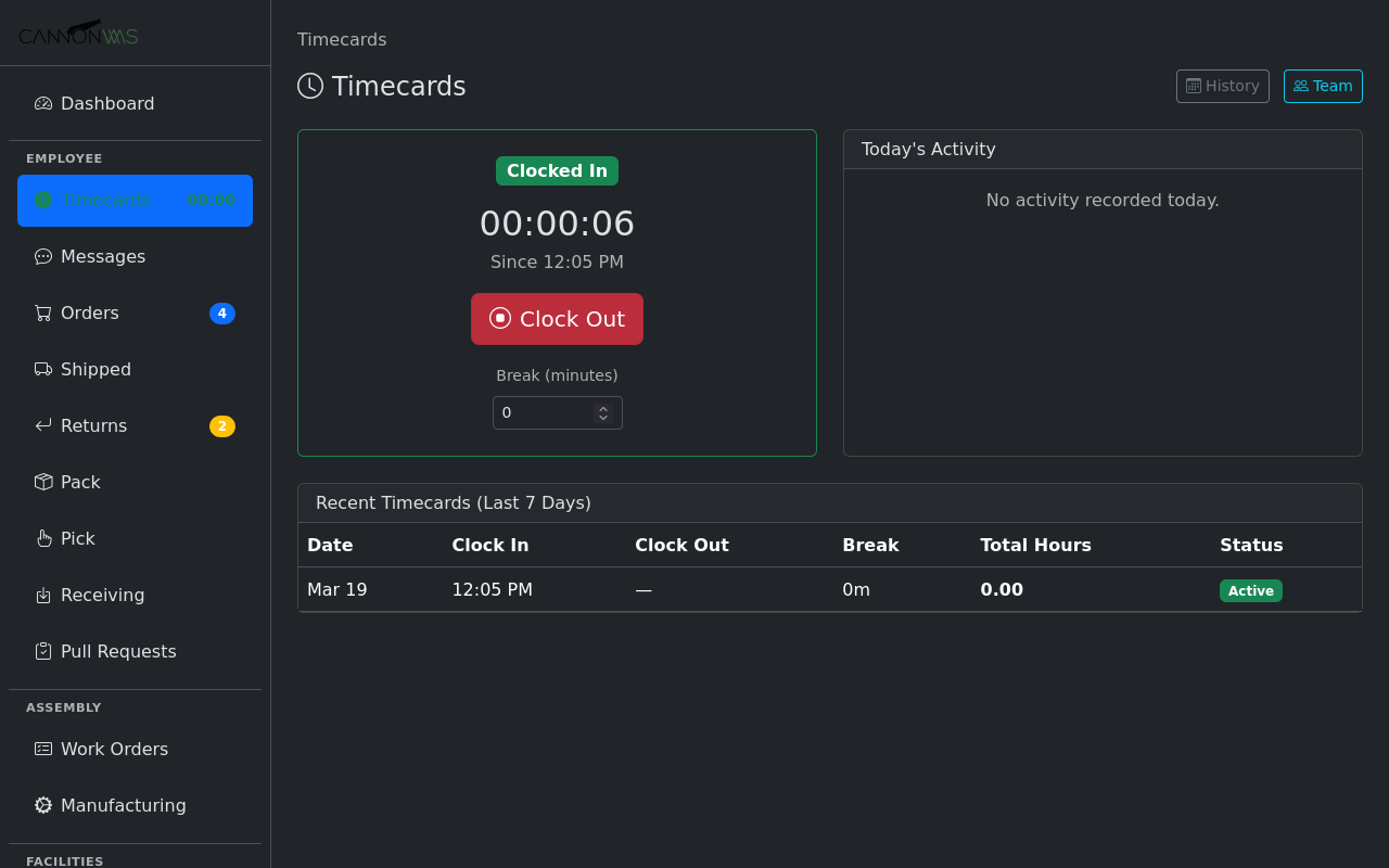 Active timer display while clocked in
